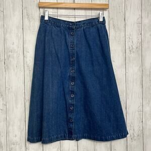 Foxmoor Button Front Flowy Cottage Cotton Midi Denim Blue Vintage Skirt 11